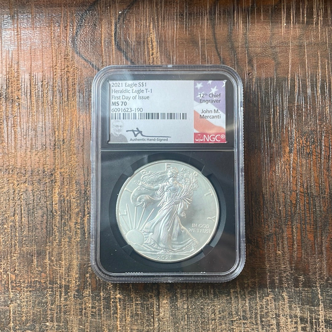 2021 $1 US American Silver Eagle, Heraldic Eagle T-1, FDOI, NGC MS70, Mercanti Signed.