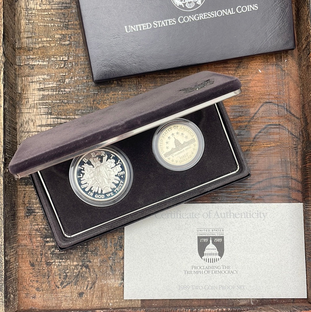 1989 - US Mint 2 Coin Proof Set Congressional Commemorative Coins, One Silver Dollar & One Half Dollar-Proof Coin in OGP