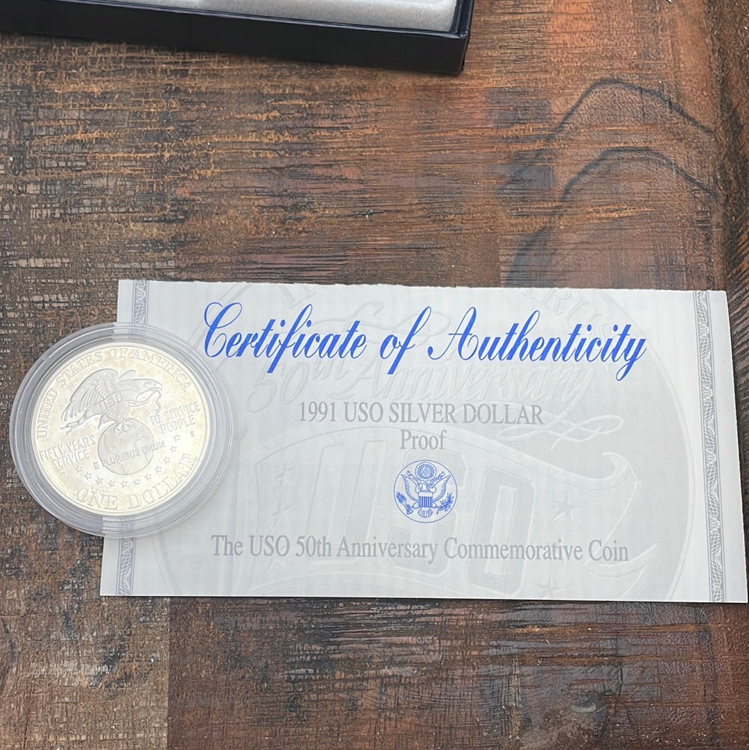 1991-S US $1 USO 50th Anniversary Proof Silver Dollar in OGP with COA