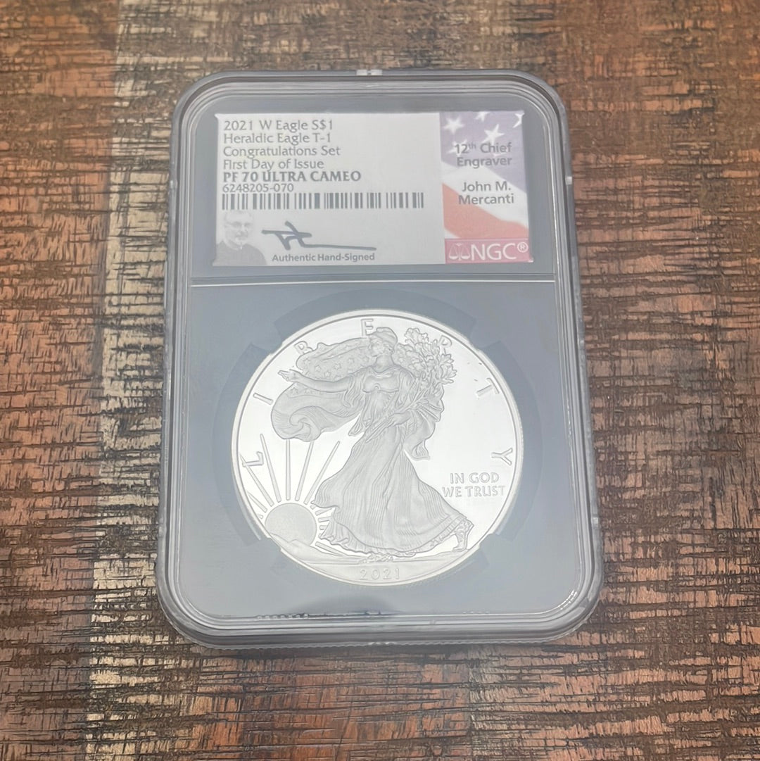 2021-W $1 US American Silver Eagle~ Heraldic Eagle T-1~ Congratulations Set~ FDOI~ NGC PF70 Ultra Cameo ~ Mercanti Signed
