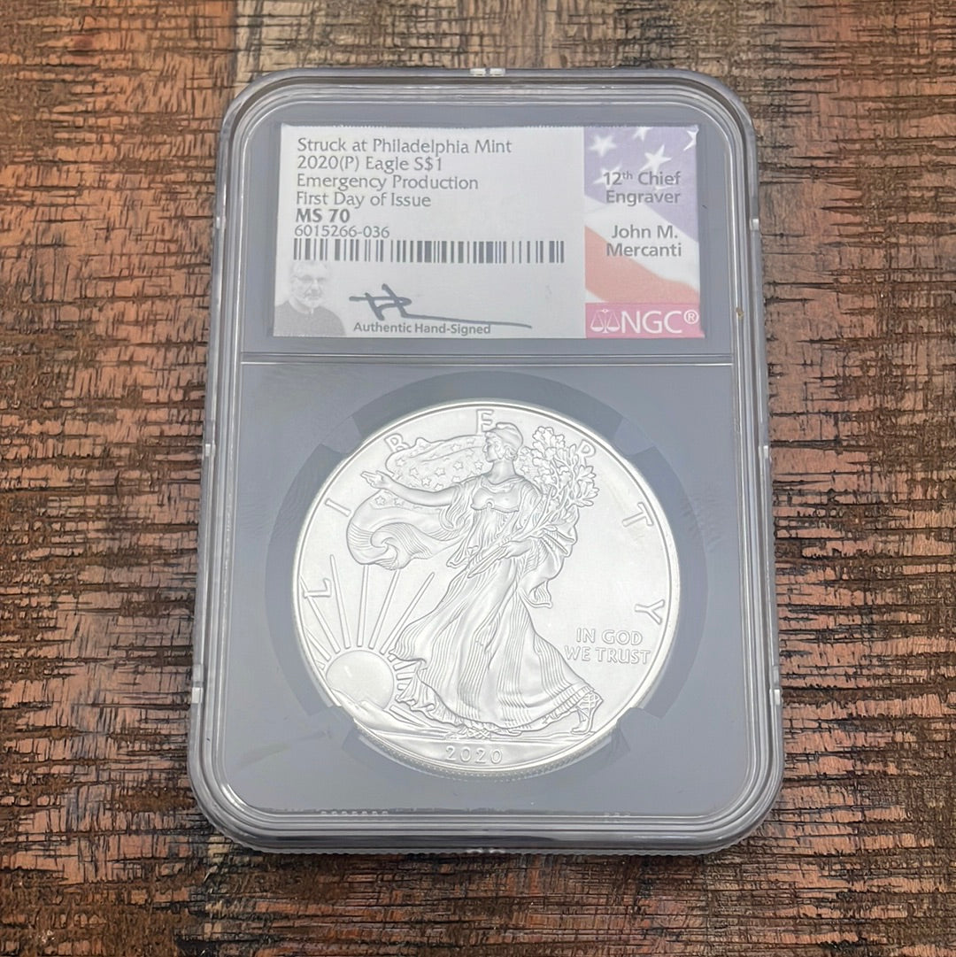 2020 $1 American Silver Eagle~ Emergency Production ~ FDOI ~ NGC MS70 ~ Mercanti signed