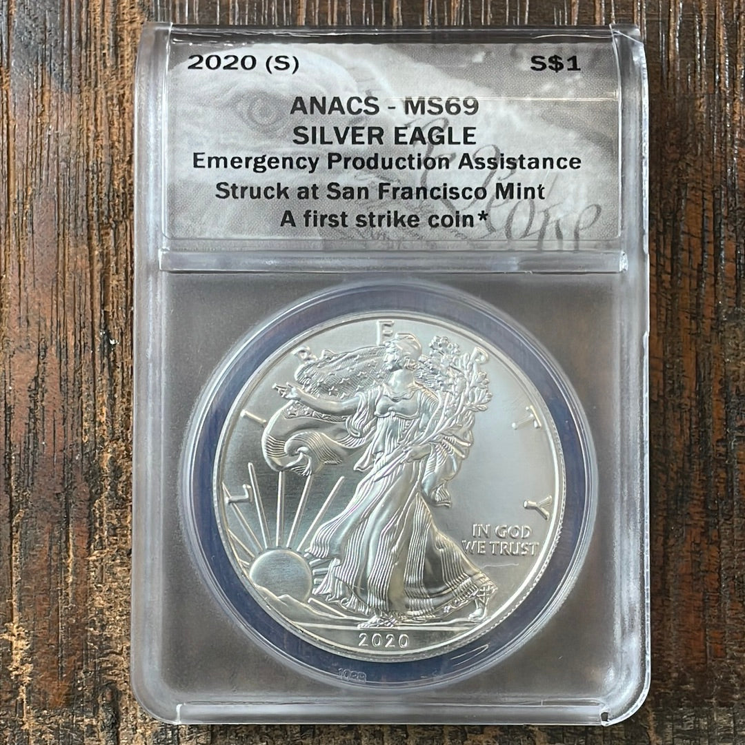 2020-S $1 US American Silver Eagle, Emergency Production, Struck at San Francisco Mint, A first strike coin, ANACS MS69