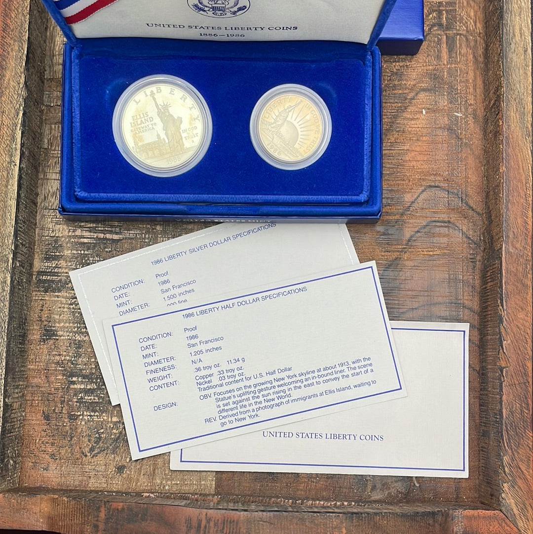 1986-S US Mint Proof Liberty 2 Coin Set Silver Dollar & Clad Half Dollar