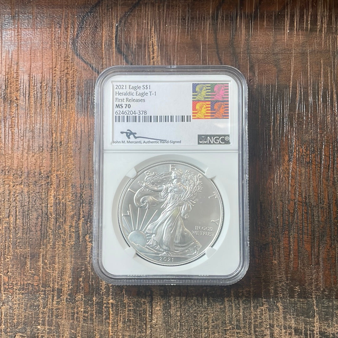 2021 $1 US American Silver Eagle, Heraldic Eagle T-1, First Release Mercanti signed, NGC MS70