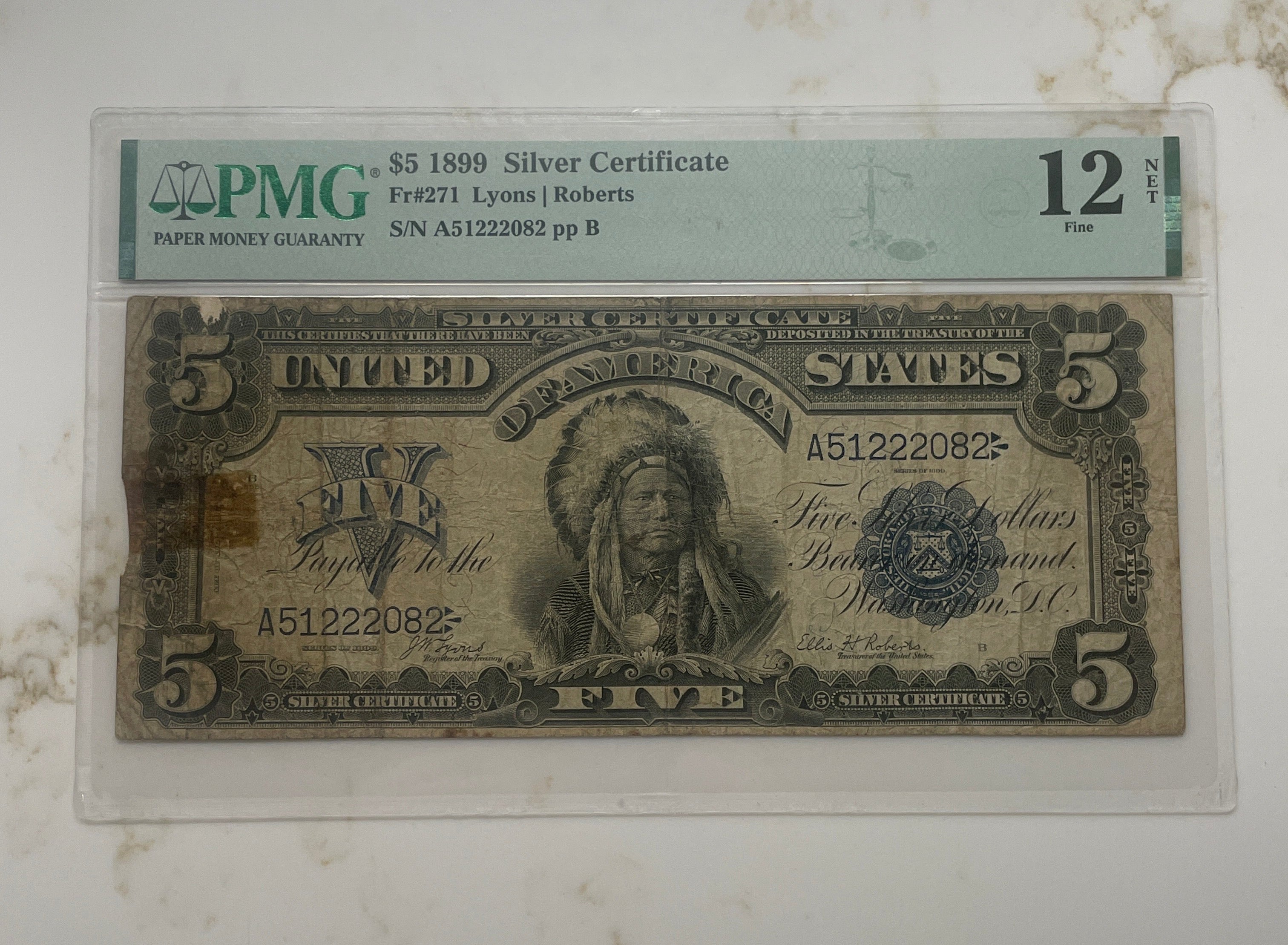 1899 $5 Indian Chief Silver Certificate FR#271 PMG 12