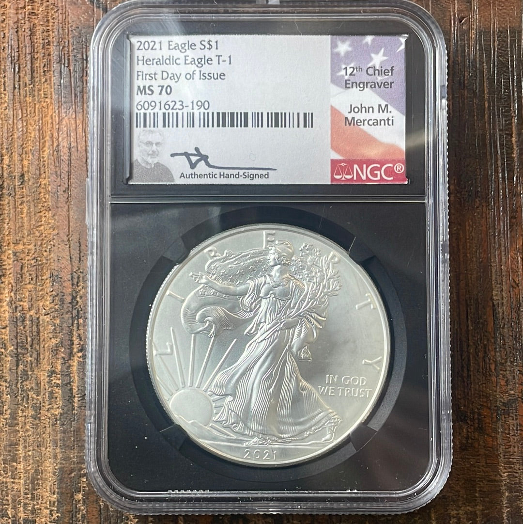 2021 $1 US American Silver Eagle, Heraldic Eagle T-1, FDOI, NGC MS70, Mercanti Signed.