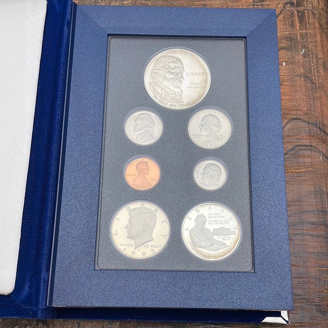 1993-S US Prestige Set Bill of Rights Silver Dollar 7 Proof Coins in OGP w/ COA