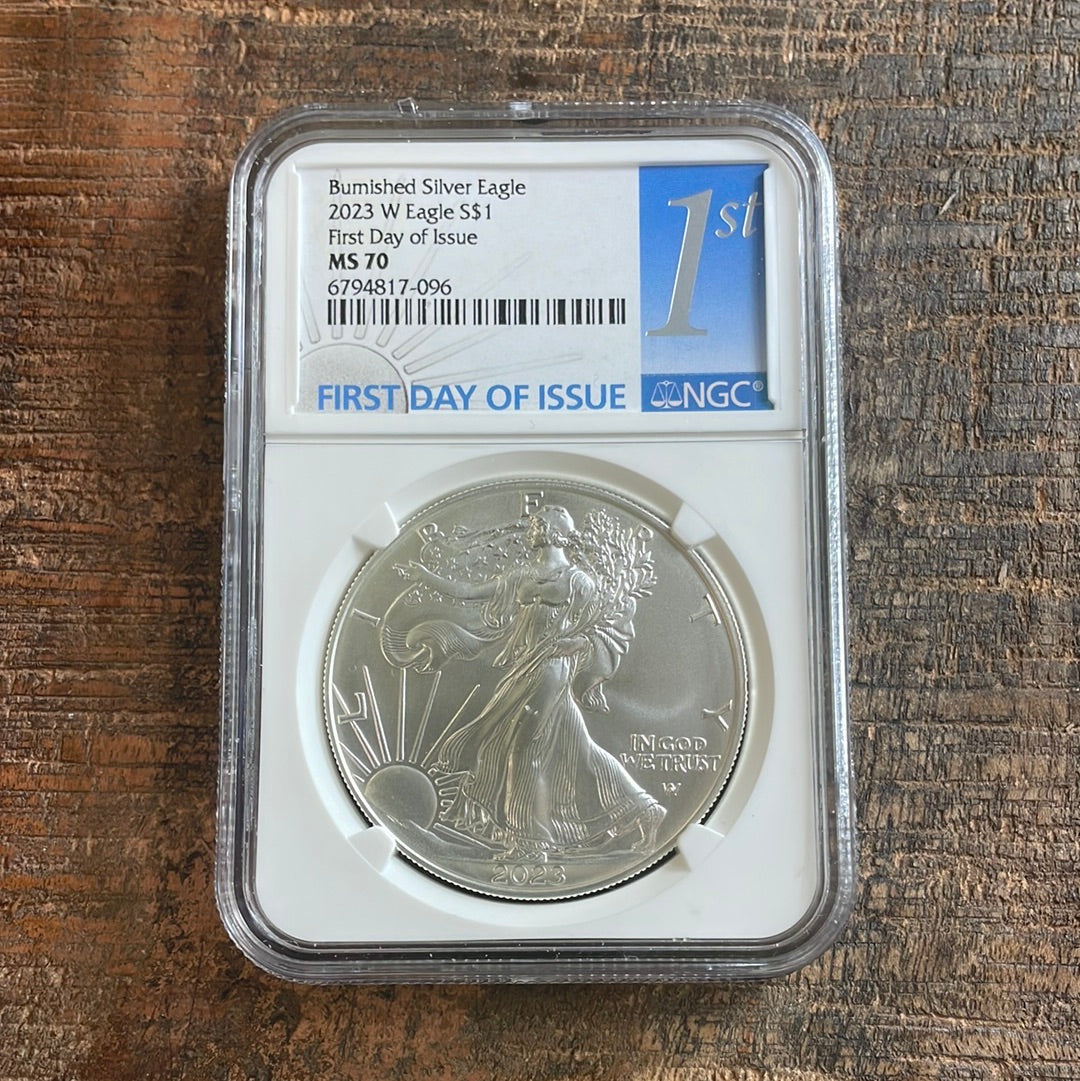 2023-W $1 Burnished American Silver Eagle FDOI. NGC MS70