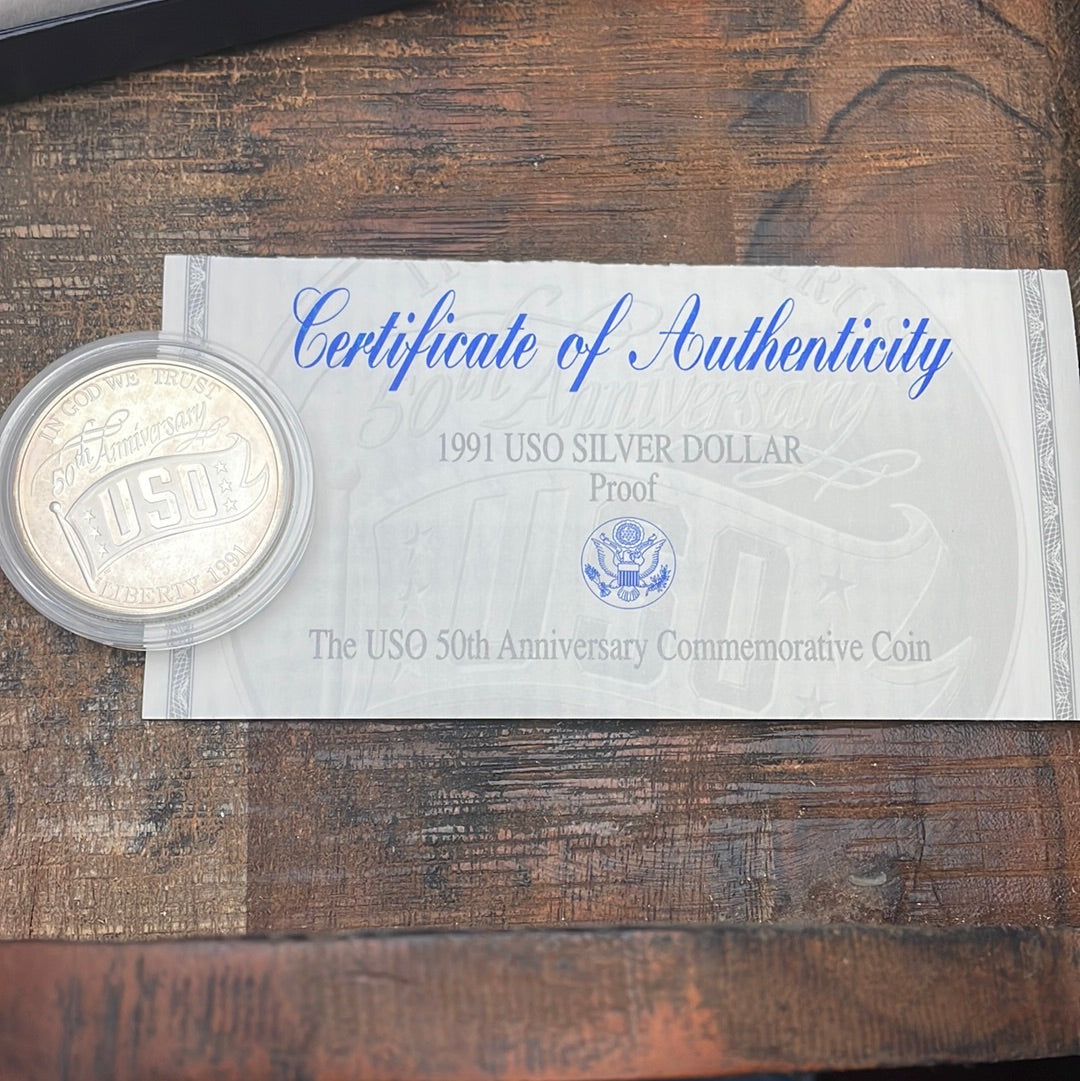1991-S US $1 USO 50th Anniversary Proof Silver Dollar in OGP with COA