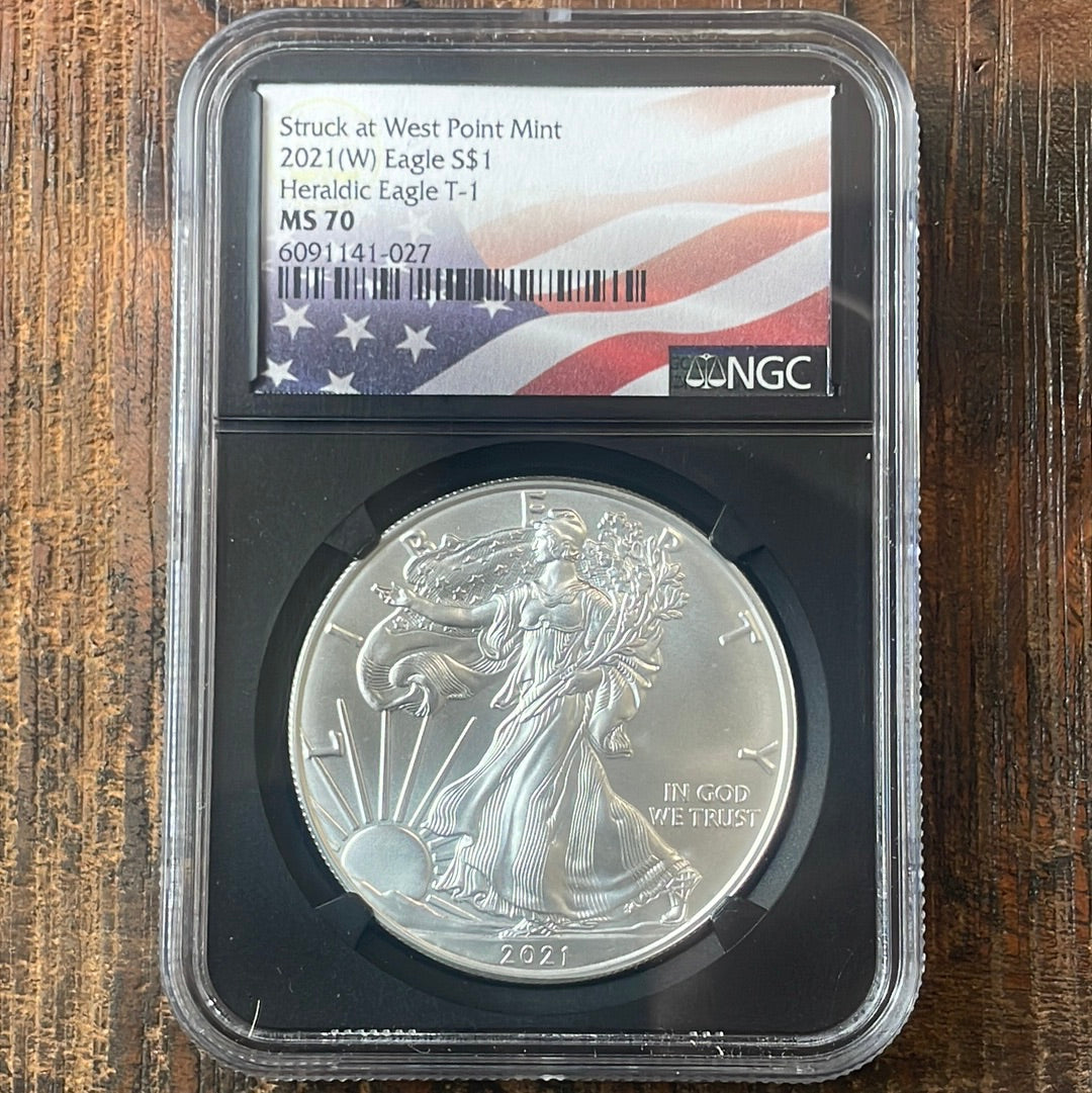 2021-W $1 US American Silver Eagle, Struck at West Point Mint, Heraldic Eagle T-1, NGC MS70