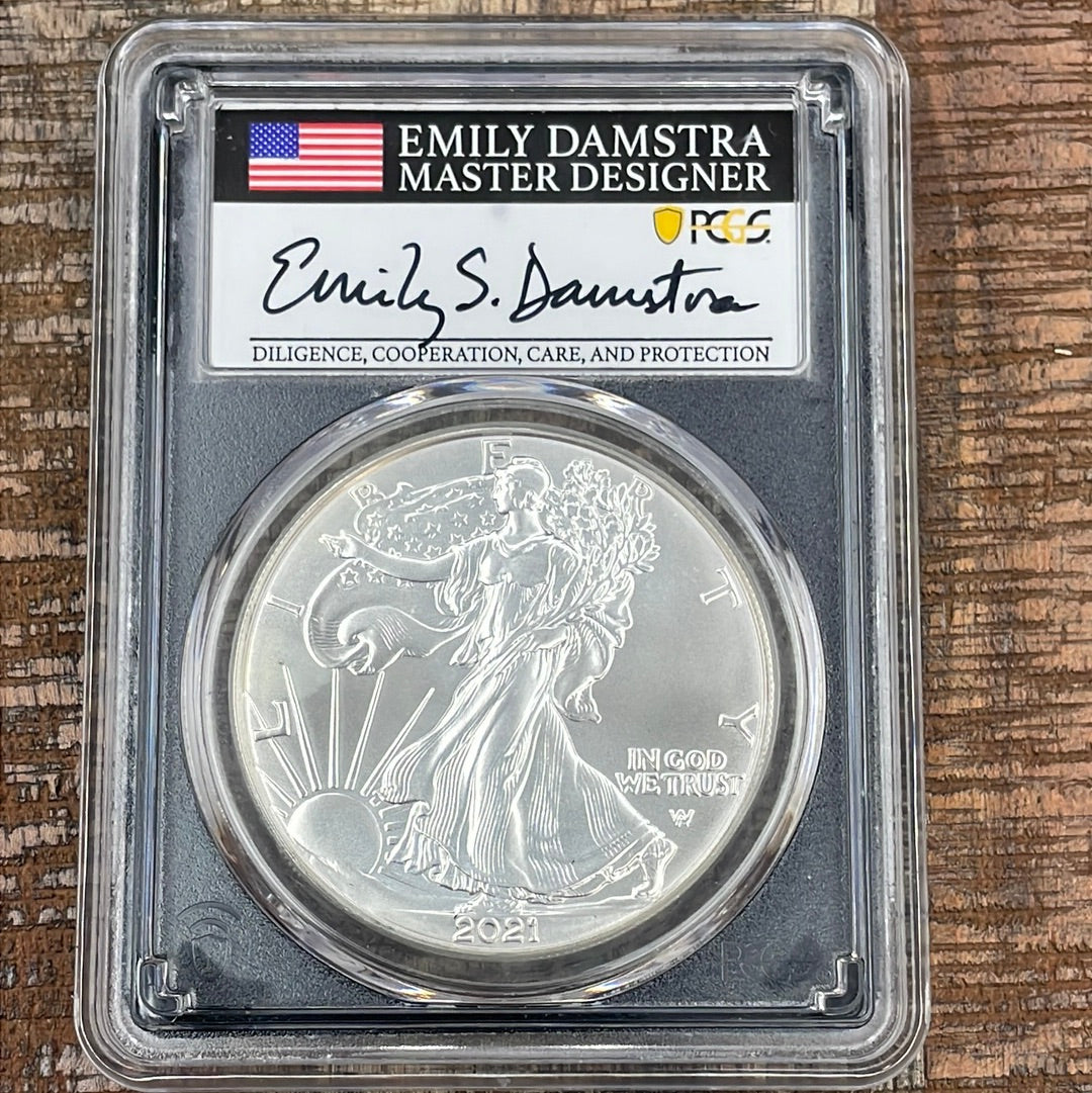 2021 $1 US American Silver Eagle, Eagle Landing T-2, FDOI, PCGS MS70, Damstra signed