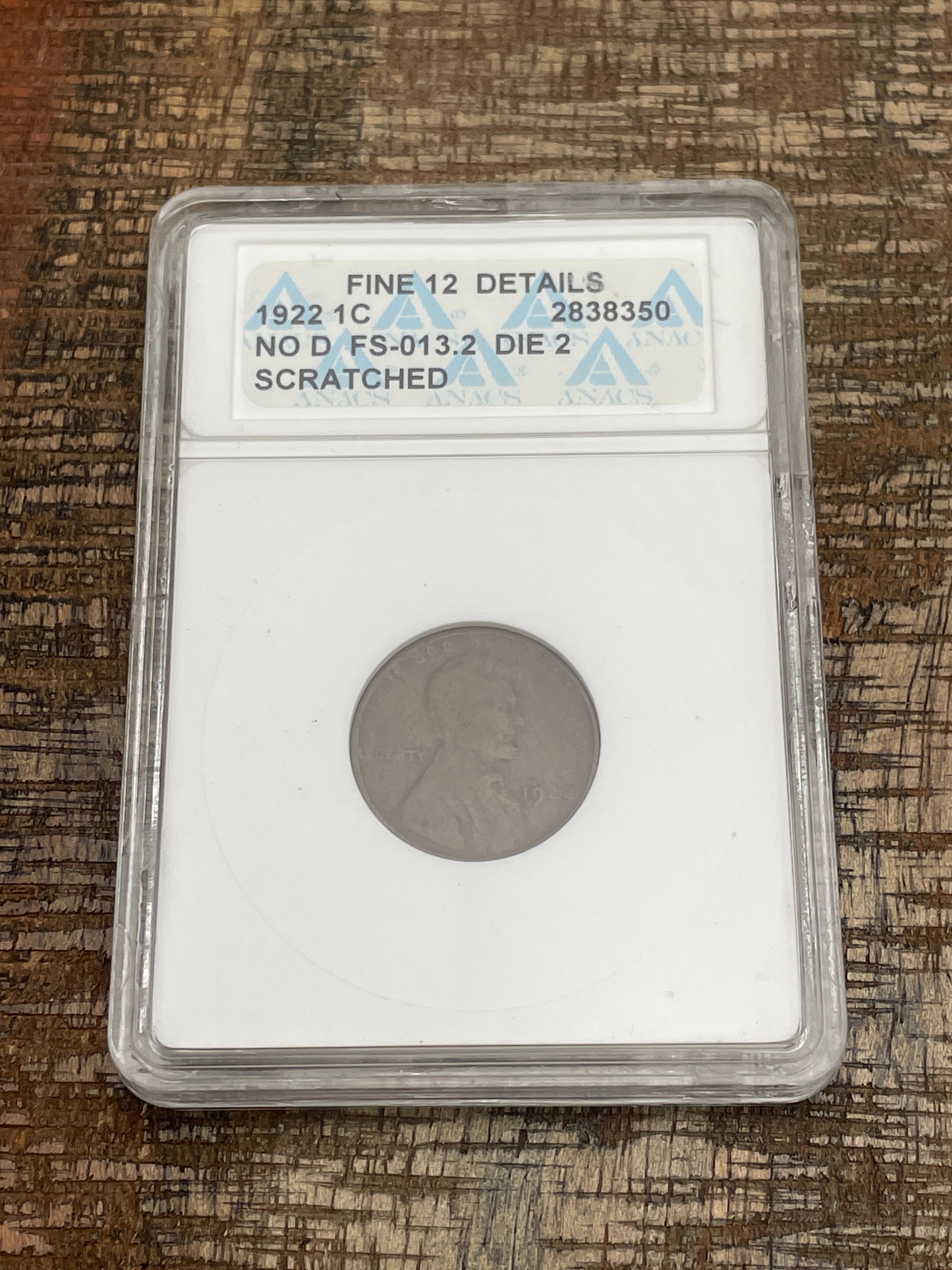 1922 1C Lincoln Wheat Cent No D ANACS F 12 Details FS-013.2 Die 2
