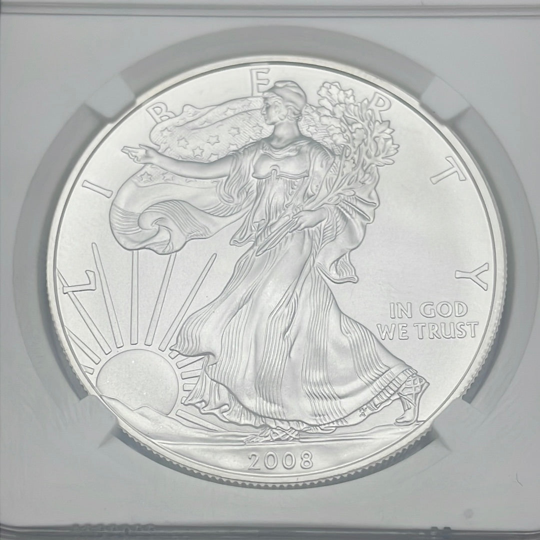 2008-W $1 US Burnished American Silver Eagle~Reverse of 2007~NGC MS70~ Mercanti Signed