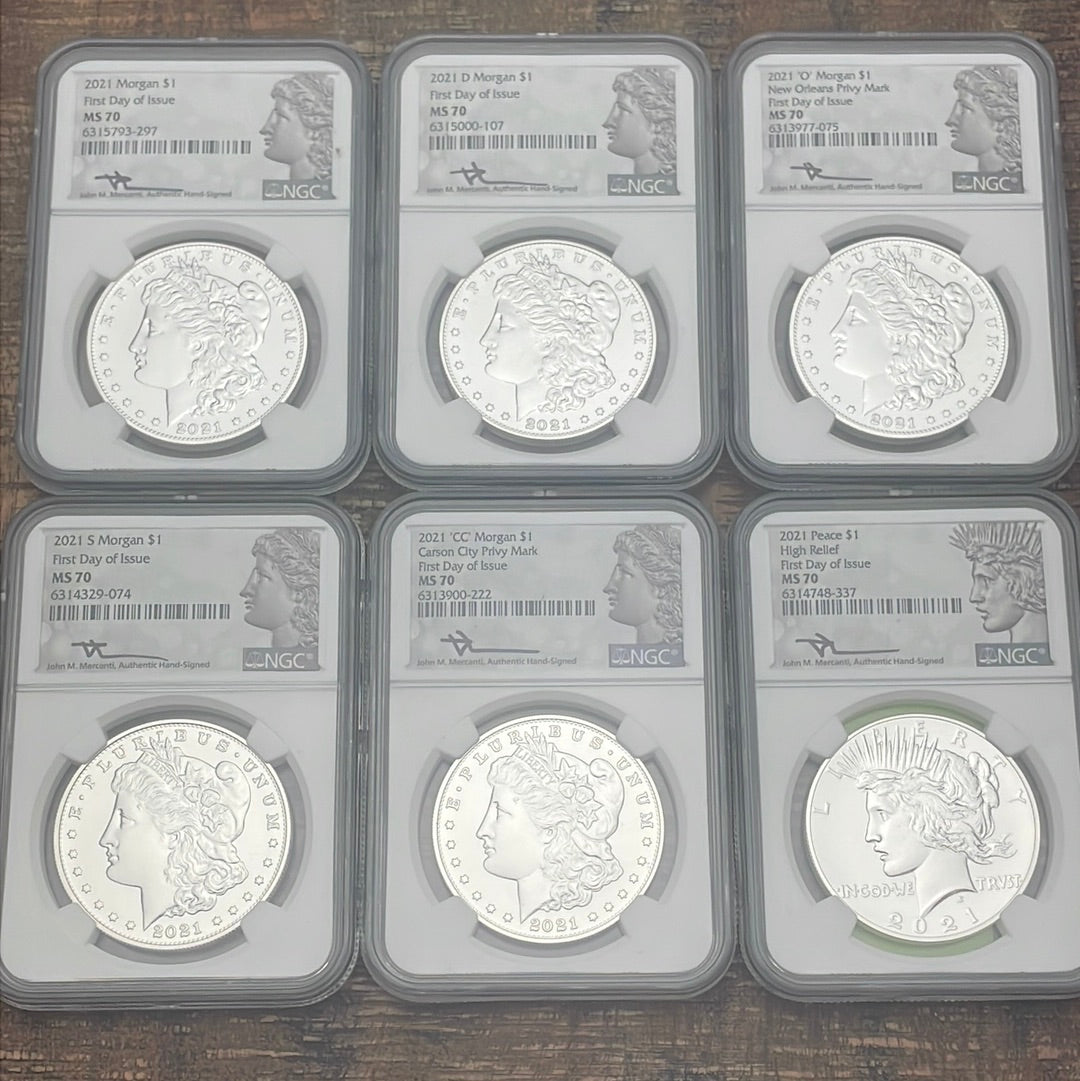 2021 Morgan & Peace Dollar Set ~ NGC Graded MS70 ~ 6 coin set ~ Mercanti Sign