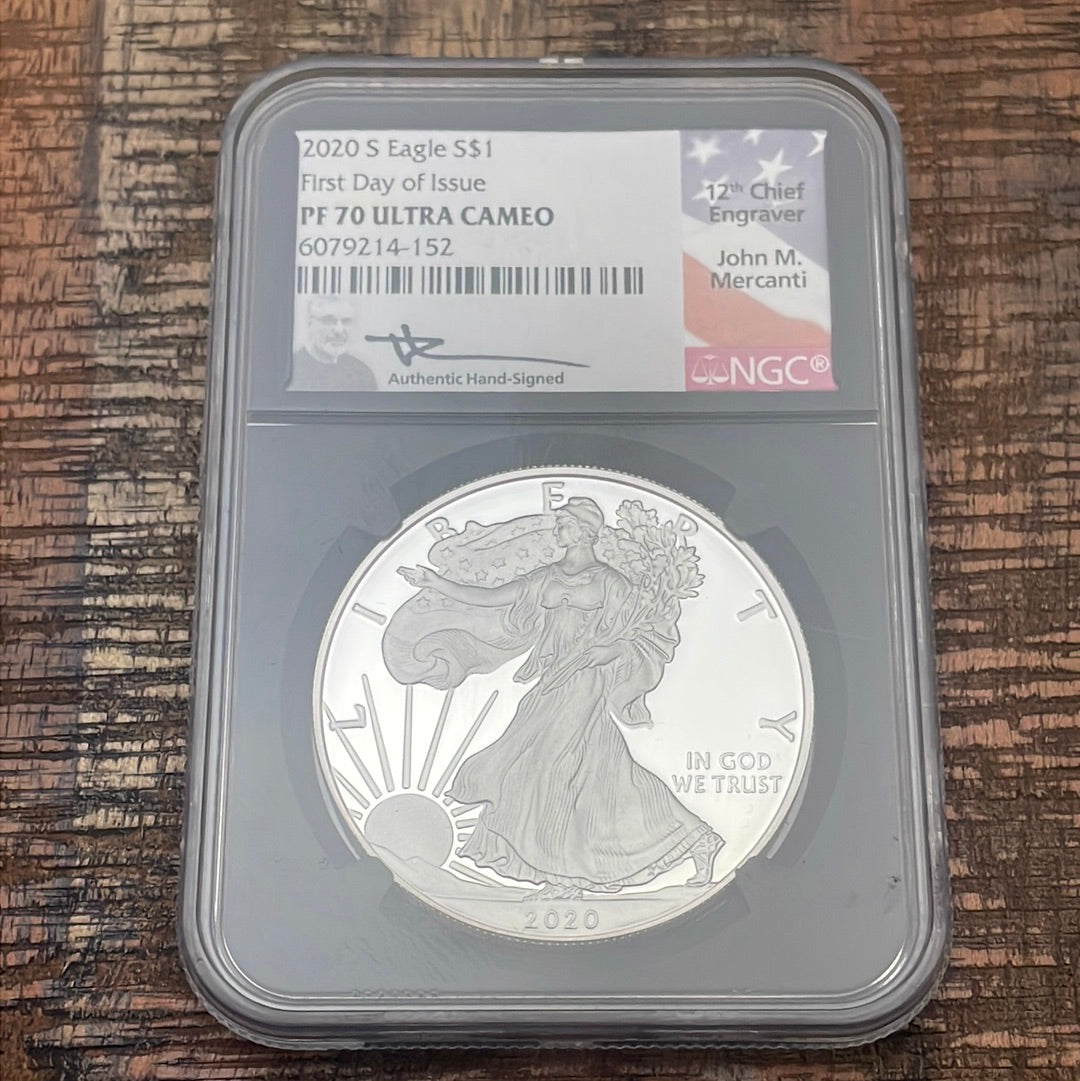 2020-S $1 US American Silver Eagle~FDOI~ NGC PF 70 Ultra Cameo~ Mercanti Signed
