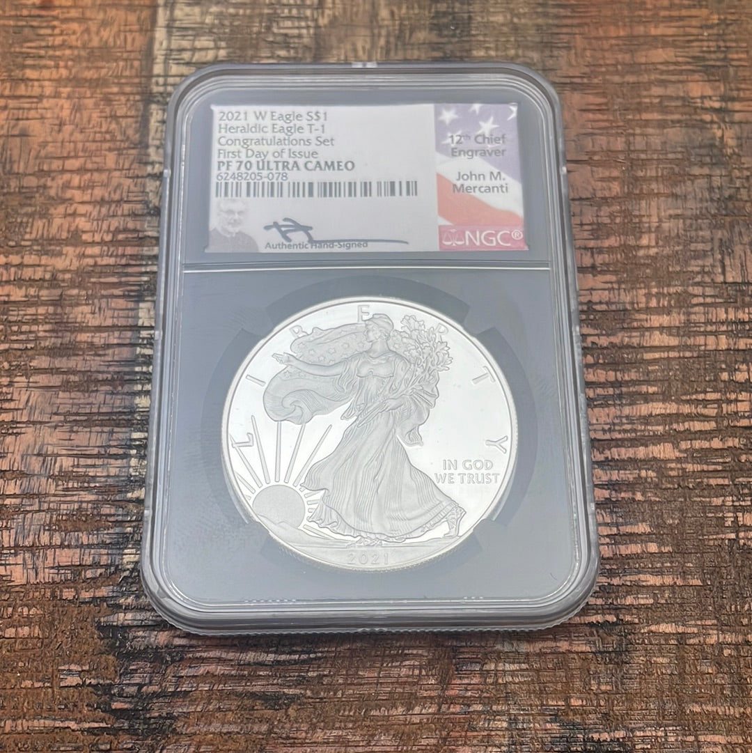 2021-W $1 US American Silver Eagle~ Heraldic Eagle T-1~ Congratulations Set~ FDOI~ NGC PF70 Ultra Cameo ~ Mercanti Signed