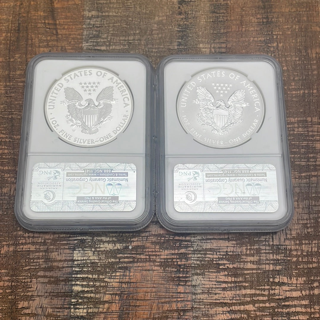2013 W $1 Silver Eagle ~First Releases~ NGC SP69 Enhanced Finish & Reverse Proof 2 Coin Set