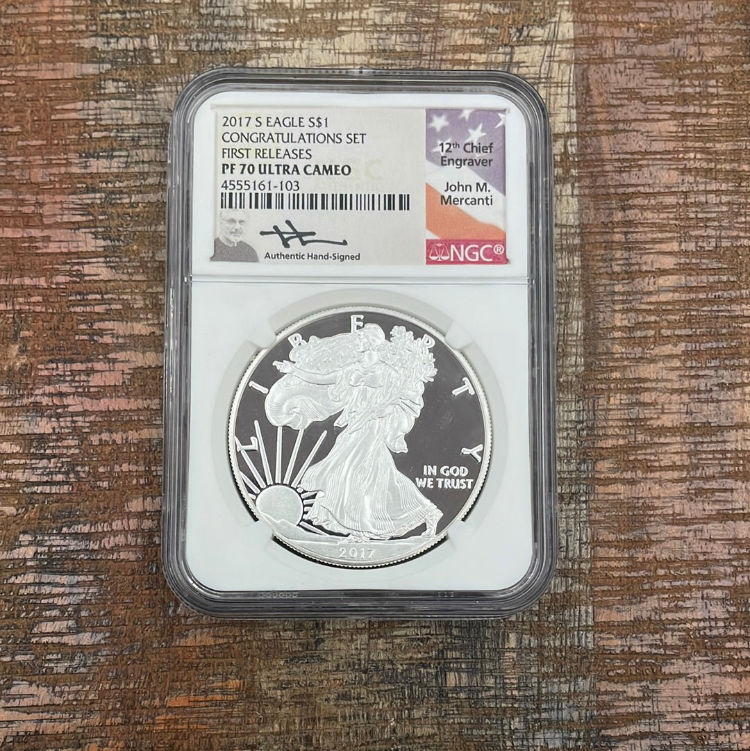 2017-S $1 American Silver Eagle ~ Congratulations Set ~ First Release ~ PF70 Ultra Cameo ~ Mercanti Signed