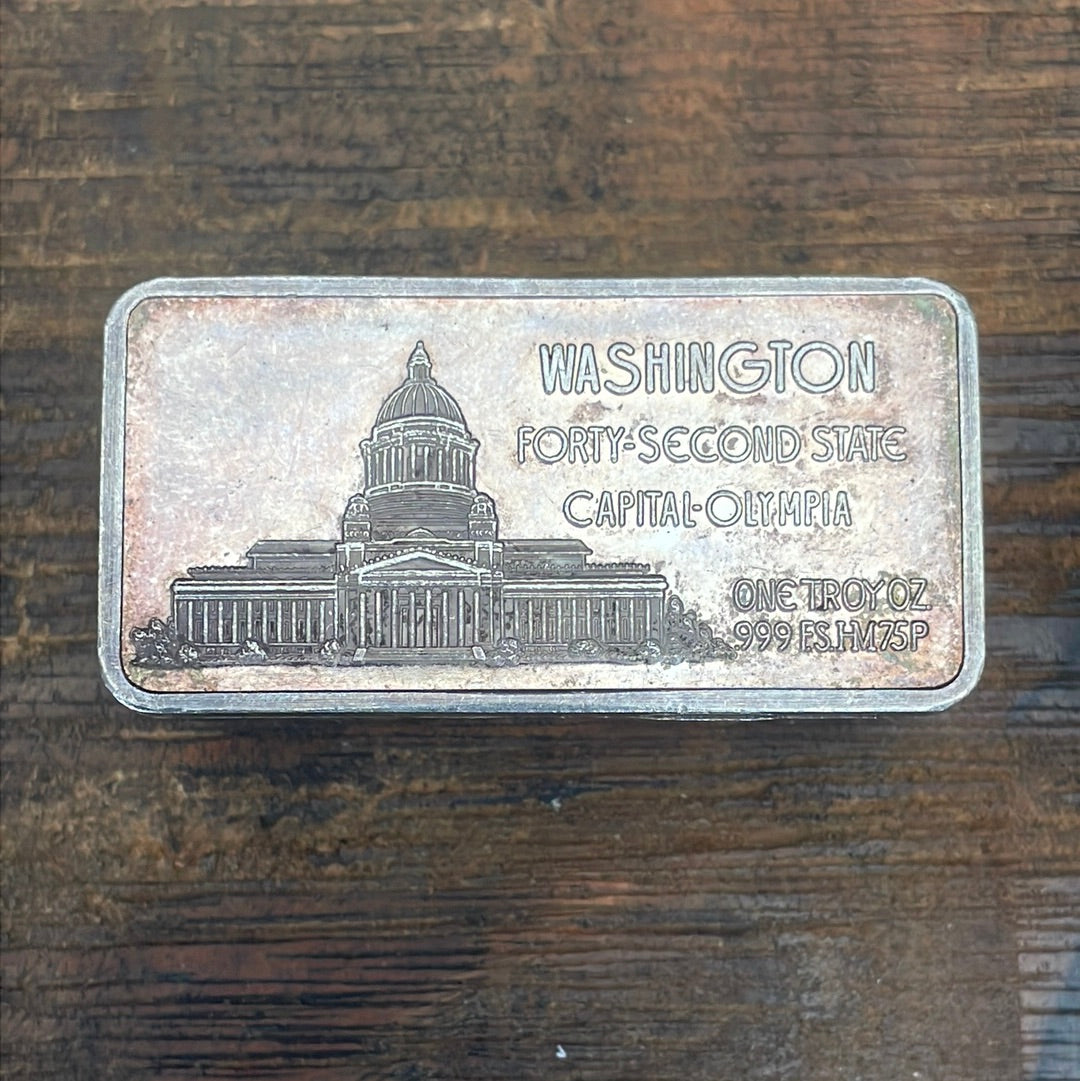 Washington 42nd State 1oz Troy .999 Fine Silver Art Bar Toned 1976 Hamilton Mint
