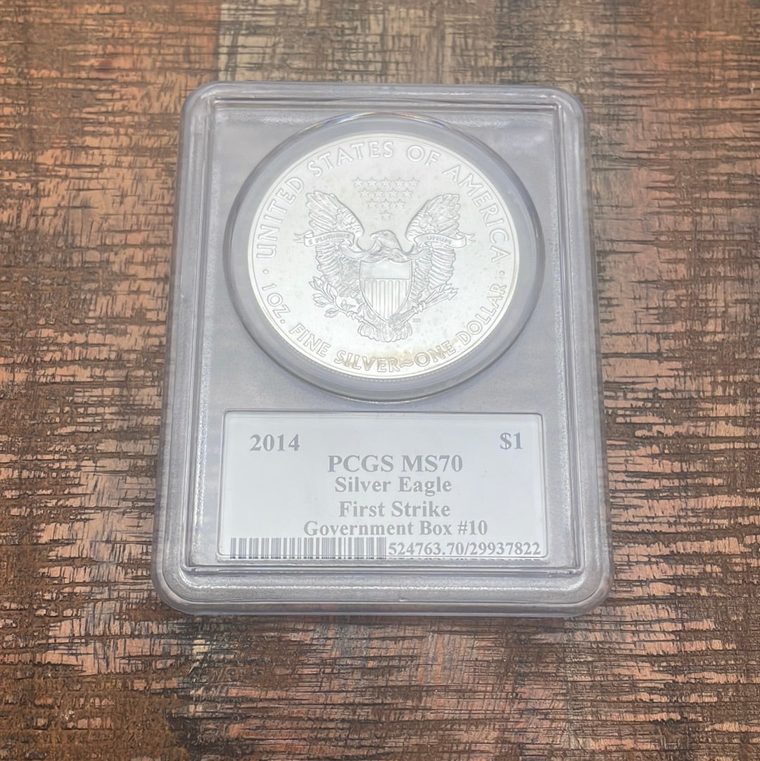 2014 $1 American Silver Eagle ~ PCGS MS70 ~ First Strike ~ Government Box #10 ~ Mercanti Signed