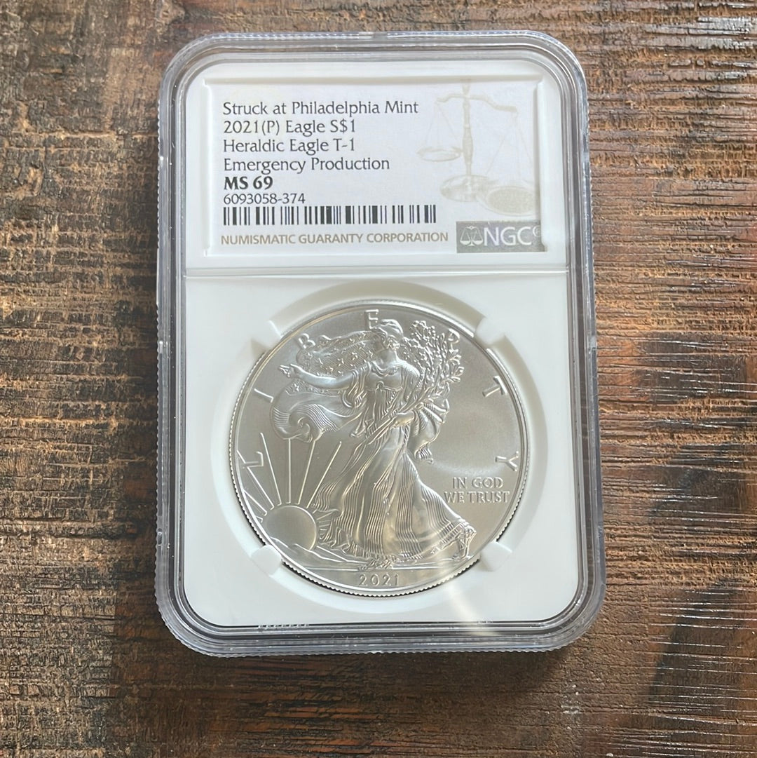 2021 $1 US American Silver Eagle. Type-1 Emergency Production. NGC MS69.