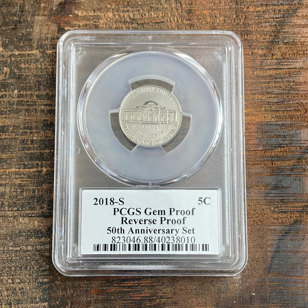 2018-S 5c US Jefferson Nickels PCGS GEM PR, Reverse Proof, 50th Anniversary Set