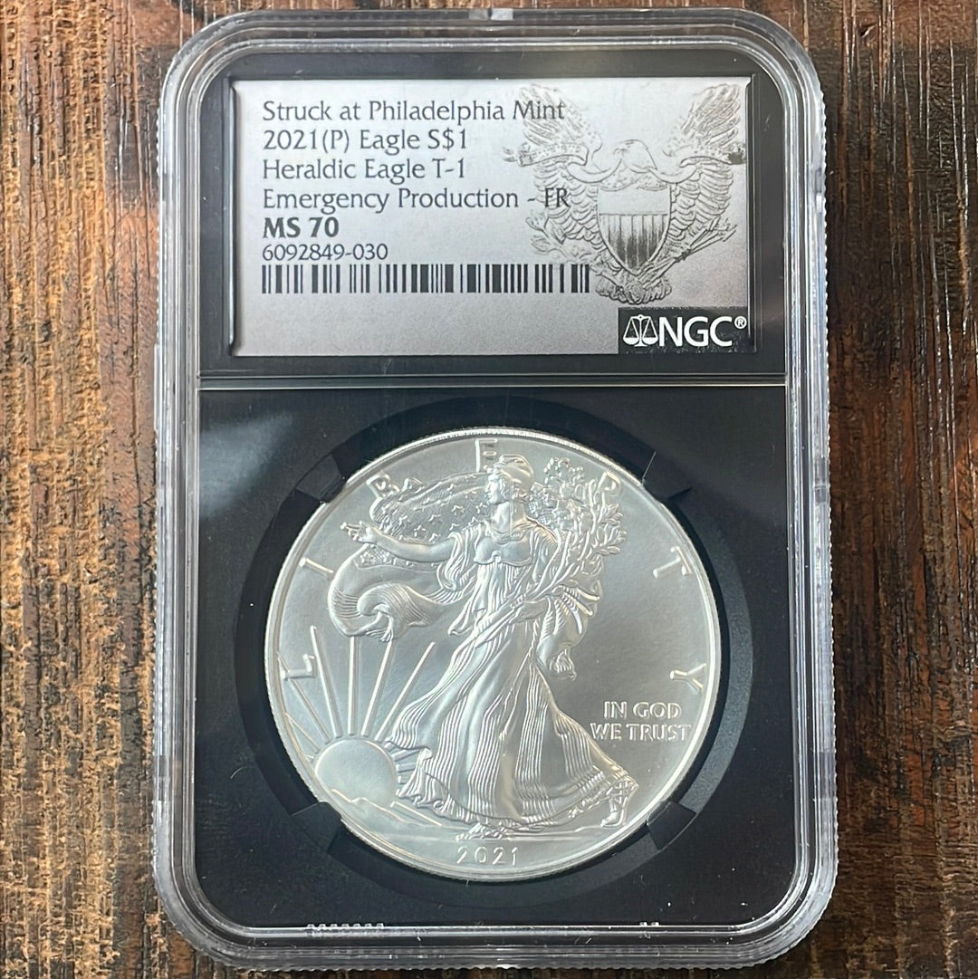 2021 $1 US American Silver Eagle, Struck at Philadelphia Mint, Heraldic Eagle T-1, Emergency Production-FR, NGC MS70