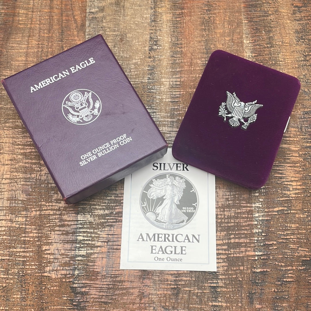 1990-S $1 US American Proof Silver Eagle Coin~Capsule, Presentation Case, COA, and Box