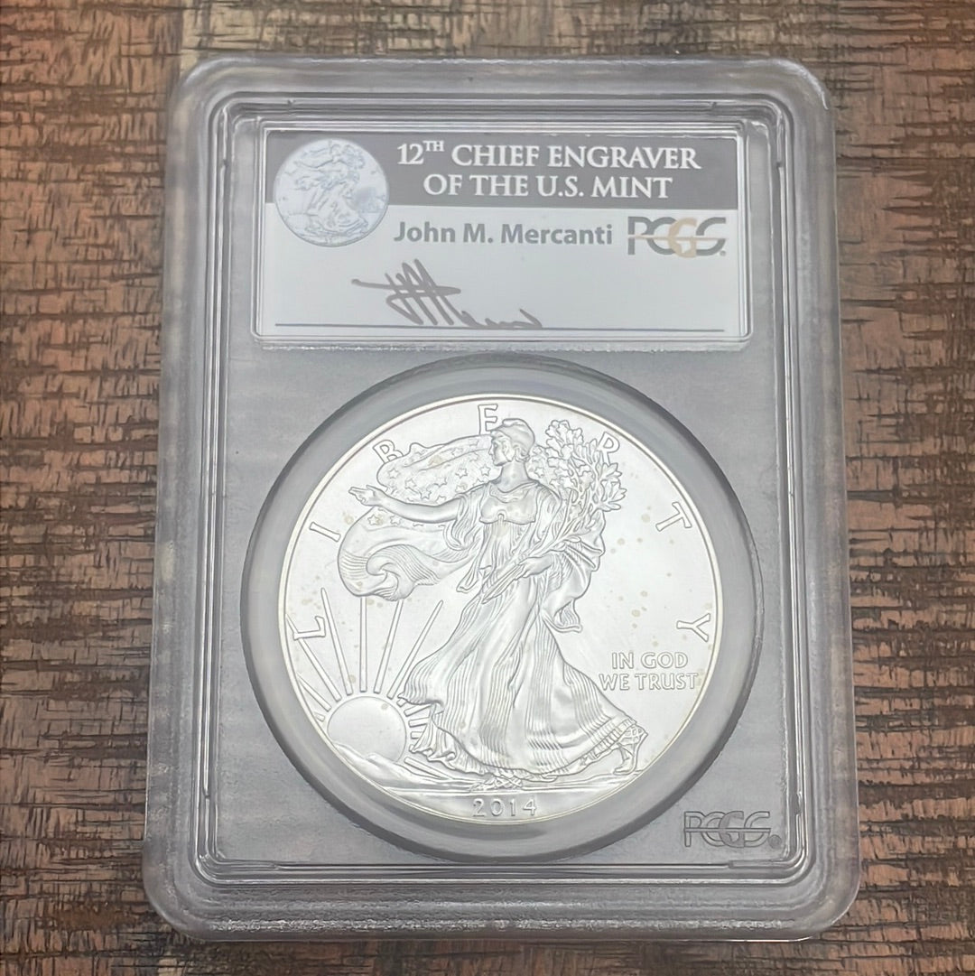 2014 $1 American Silver Eagle ~ PCGS MS70 ~ First Strike ~ Government Box #10 ~ Mercanti Signed