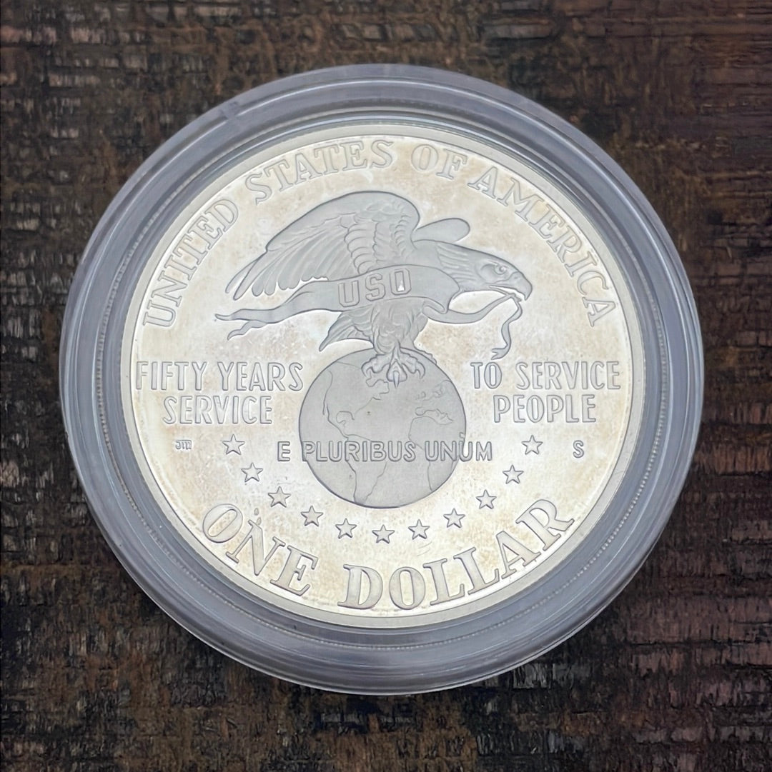 1991-S US $1 USO 50th Anniversary Proof Silver Dollar in OGP with COA
