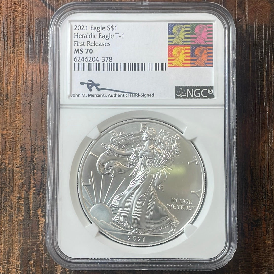 2021 $1 US American Silver Eagle, Heraldic Eagle T-1, First Release Mercanti signed, NGC MS70
