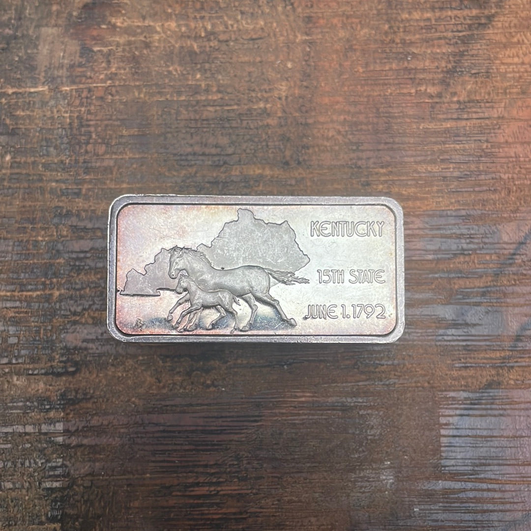 Kentucky 15th State 1oz Troy .999 Fine Silver Art Bar Toned 1976 Hamilton Mint