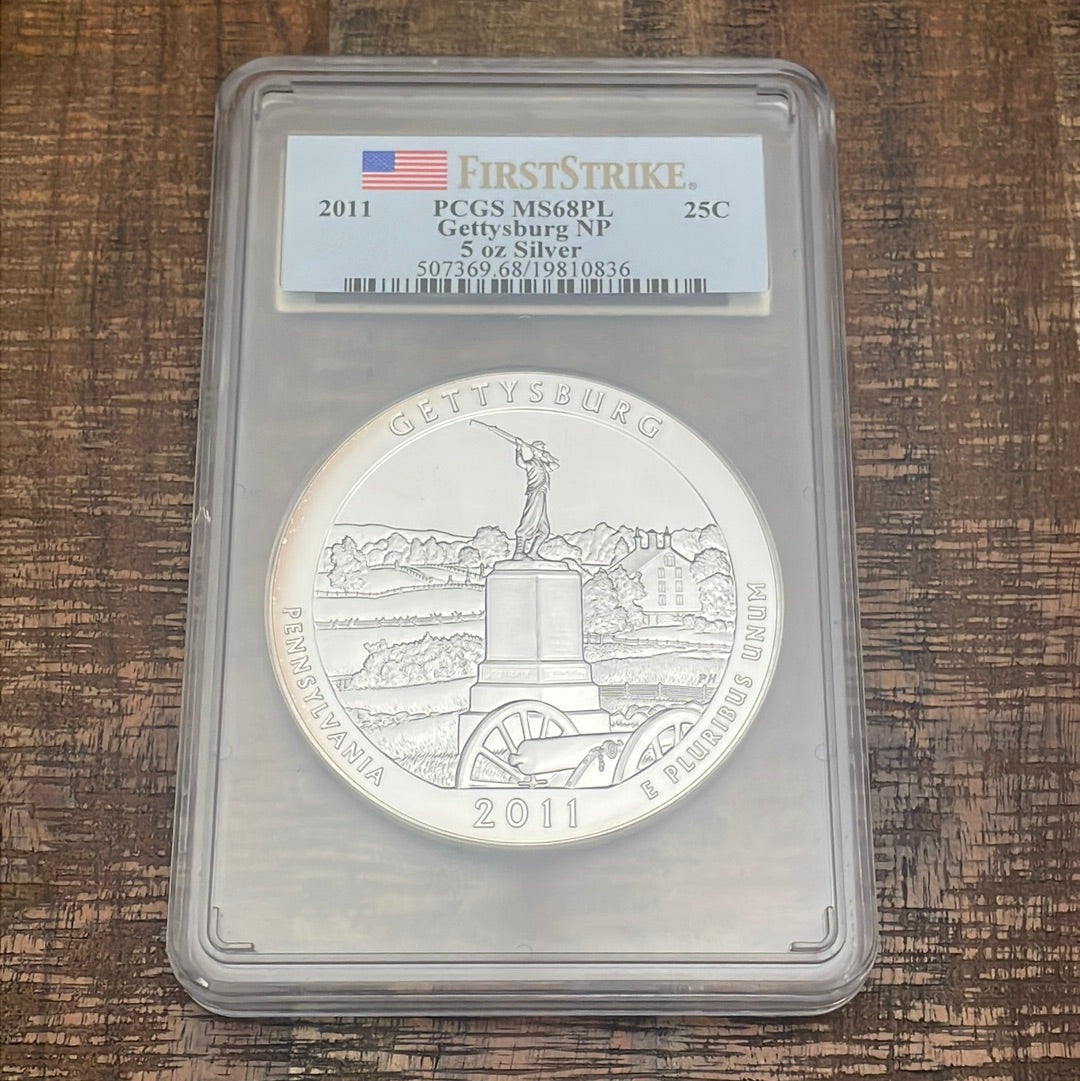 2011 25C Gettysburg NP 5oz Silver PCGS MS68PL