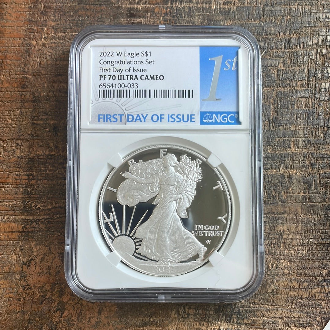 2022-W $1 American Silver Eagle. Congratulations Set. FDOI. NGC PF70 Ultra Cameo