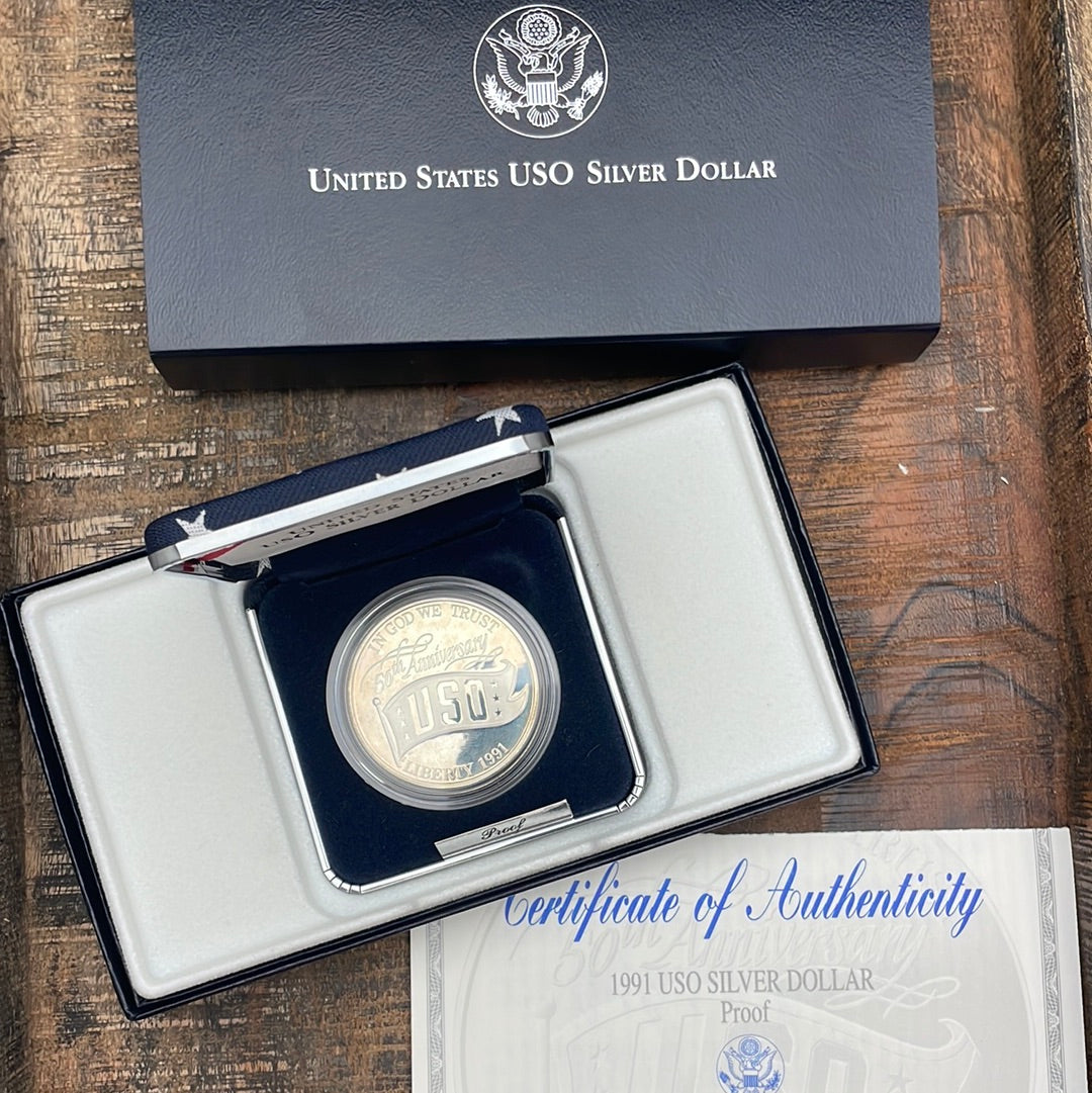 1991-S US $1 USO 50th Anniversary Proof Silver Dollar in OGP with COA
