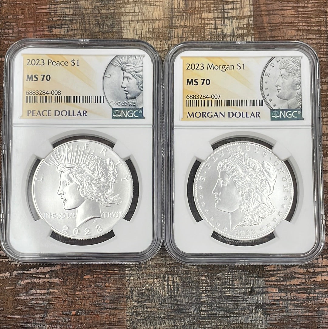 2023 $1 US Peace & Morgan Dollar ~ Two Coin Set ~ NGC MS70
