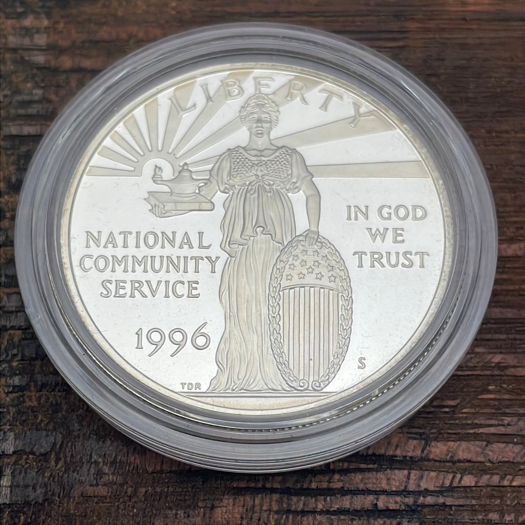 1996-S $1 US National Community Service Silver Dollar Proof Coin in OGP no COA.