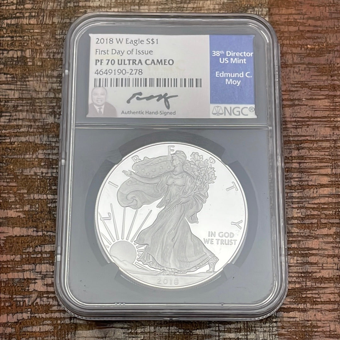 2018-W $1 American Silver Eagle ~ FDOI ~ NGC PF70 Ultra Cameo ~ Moy signed