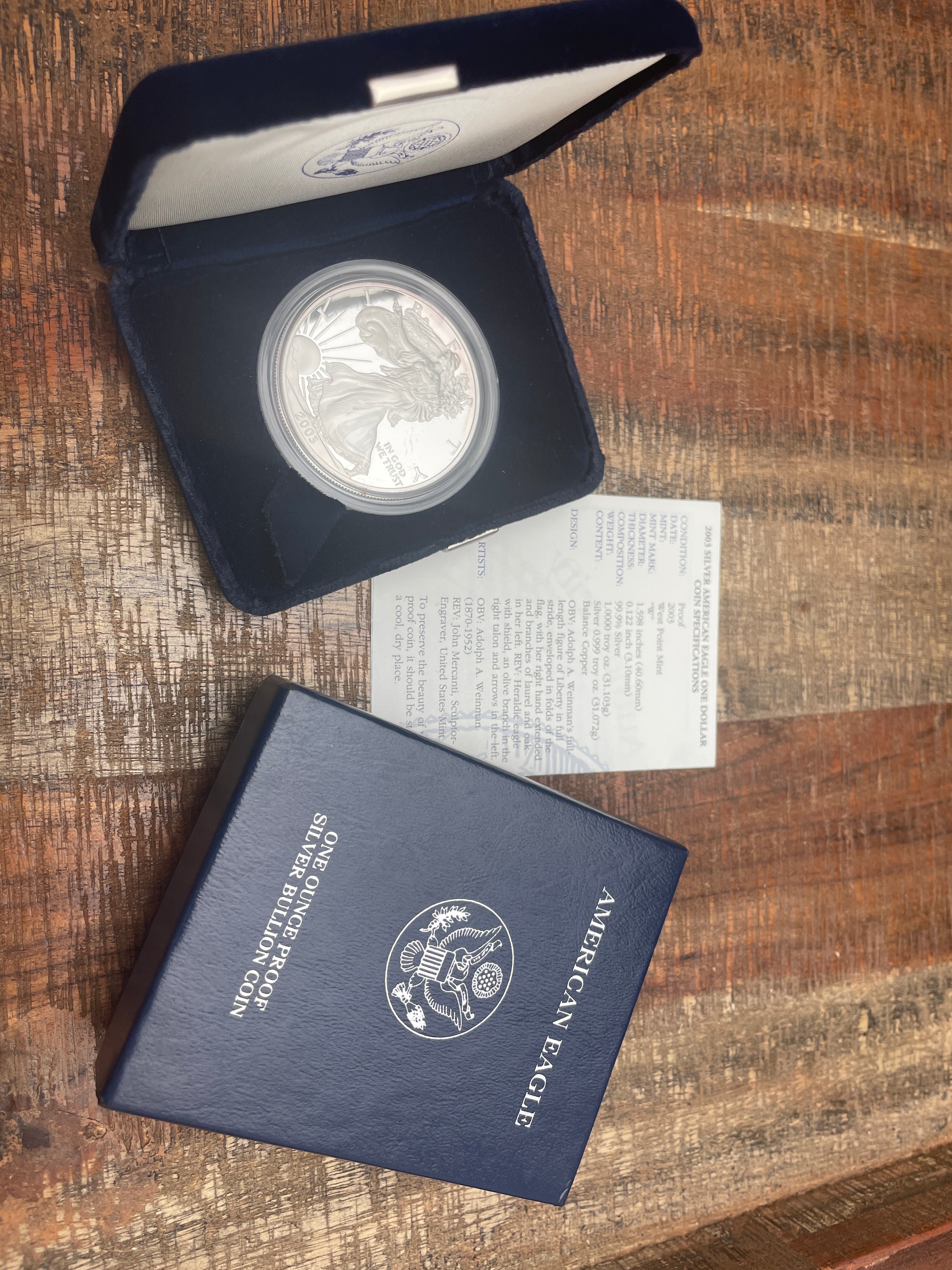 2003-W $1 US American Silver Eagle Proof Coin~Capsule, Presentation Case, and Box with COA