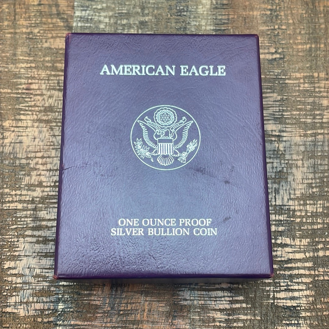 1990-S $1 US American Proof Silver Eagle Coin~Capsule, Presentation Case, COA, and Box