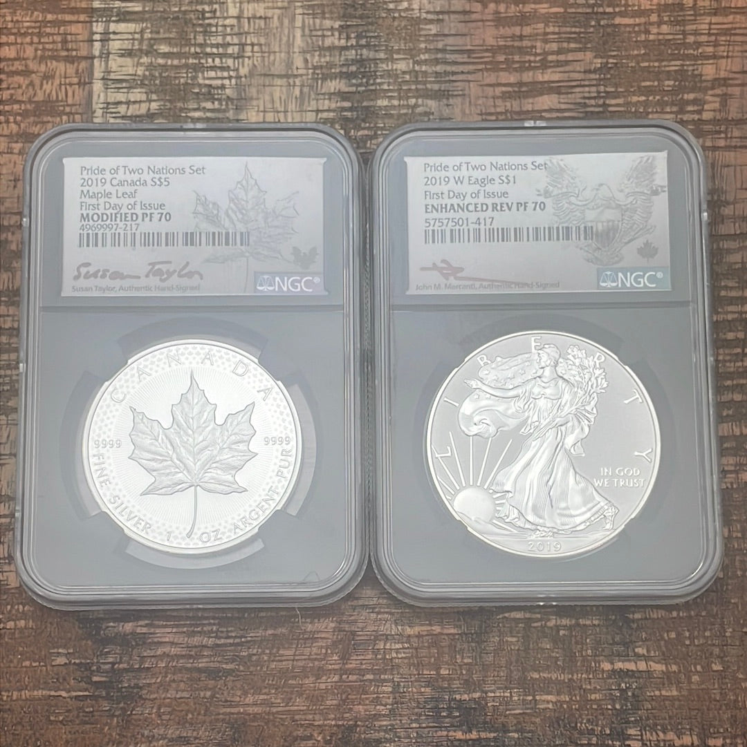 2019 Pride of Two Nations Set ~ ~ FDOI ~ NGC Graded ~ Canada MODIFIED PF70 ~ American ENCHANCED REV PF70