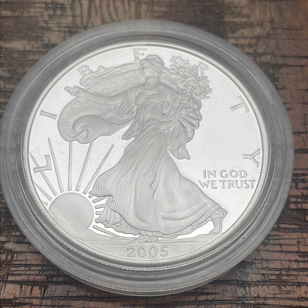 2005-W $1 US American Silver Eagle Proof Coin~Capsule, Presentation Case, with COA. NO BOX