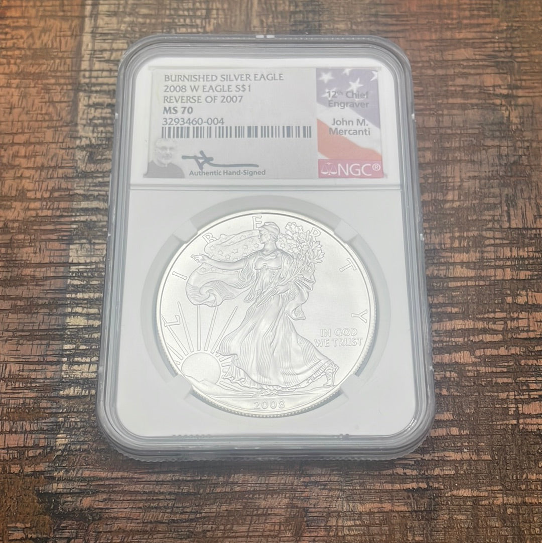 2008-W $1 US Burnished American Silver Eagle~Reverse of 2007~NGC MS70~ Mercanti Signed