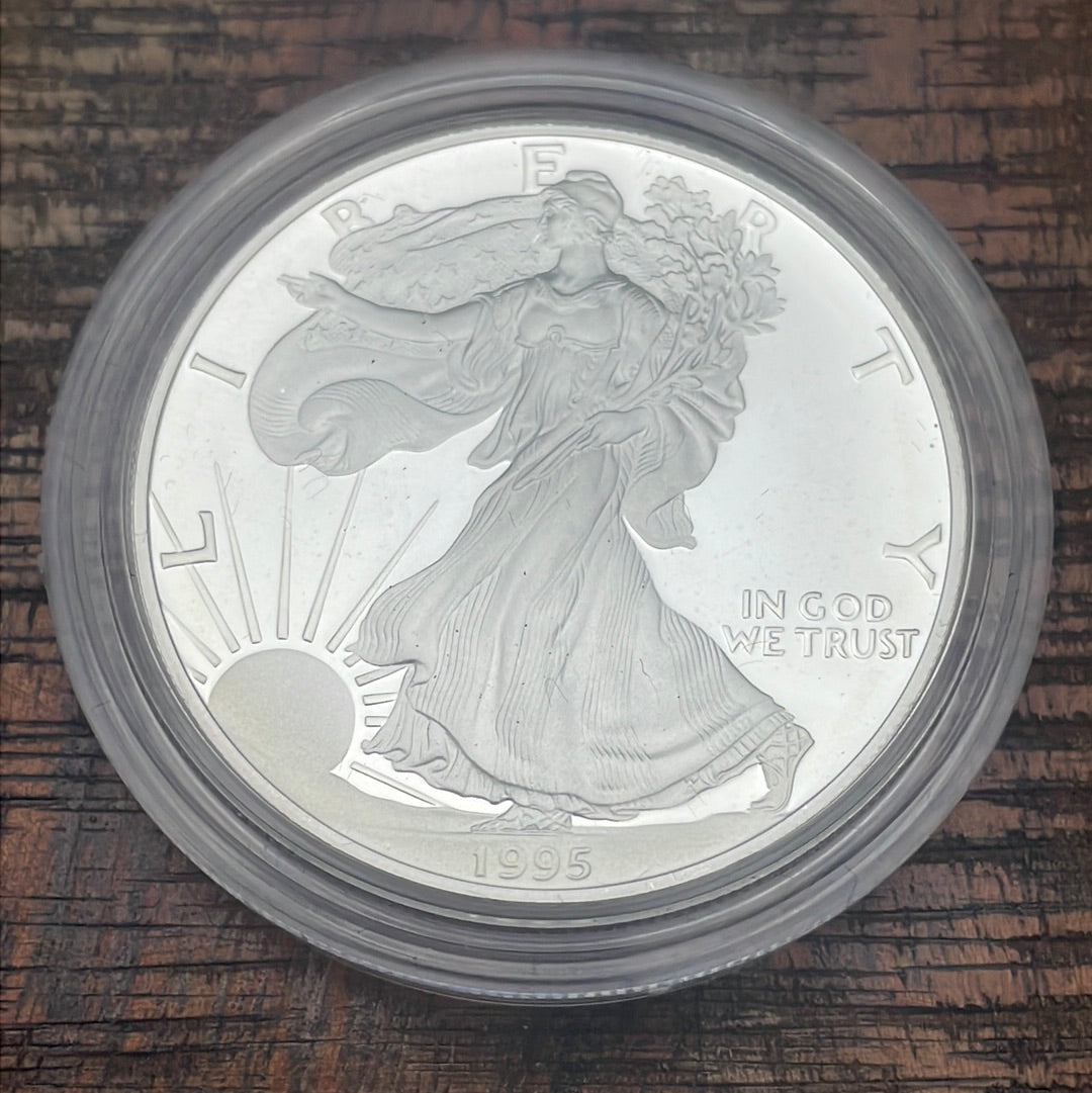 1995-P $1 US American Proof Silver Eagle Coin~Capsule, Presentation Case, and Box included ~ NO COA