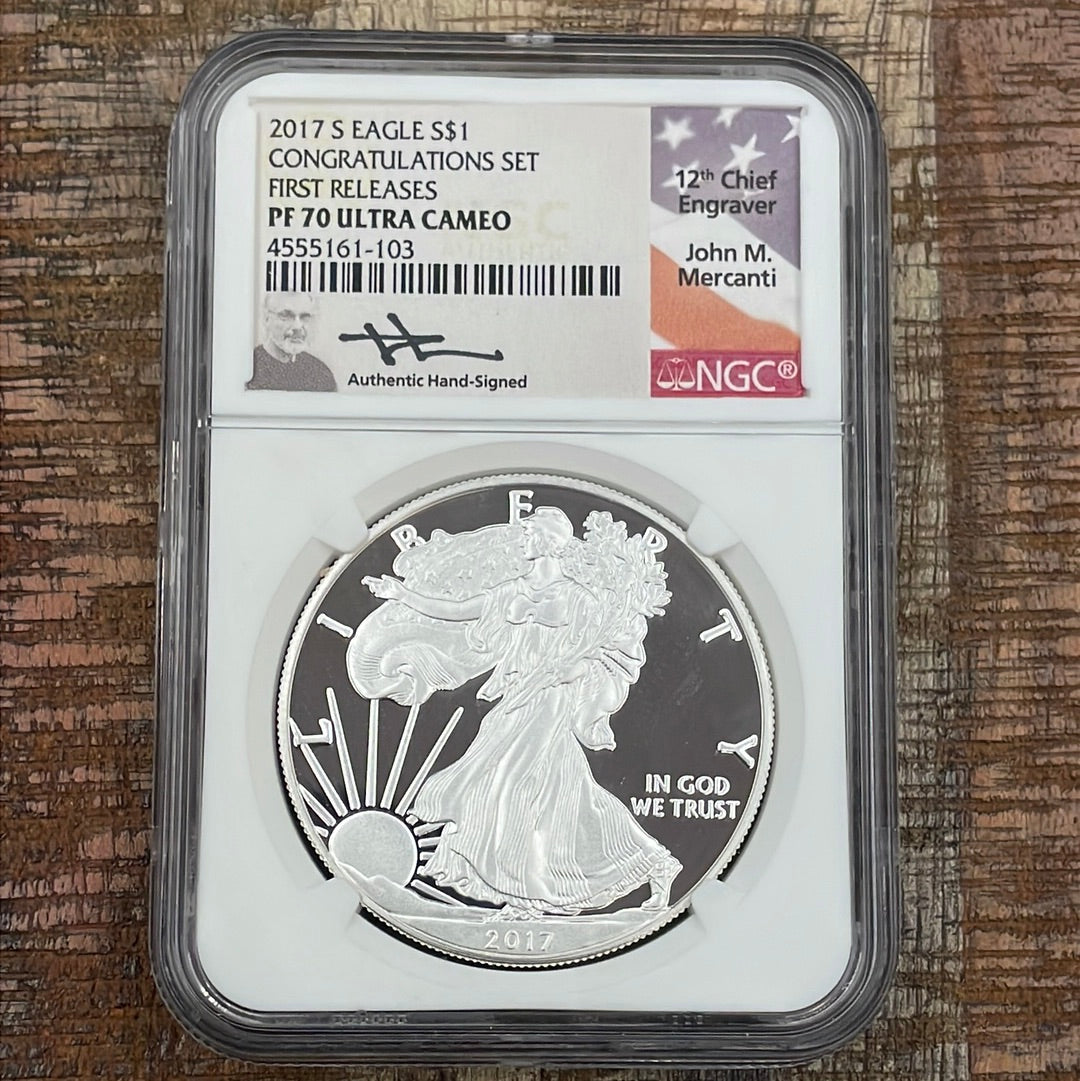 2017-S $1 American Silver Eagle ~ Congratulations Set ~ First Release ~ PF70 Ultra Cameo ~ Mercanti Signed