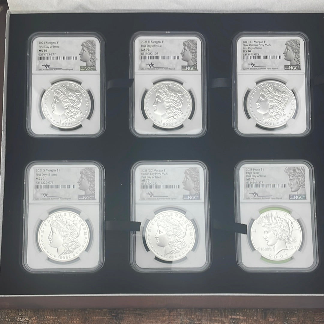 2021 Morgan & Peace Dollar Set ~ NGC Graded MS70 ~ 6 coin set ~ Mercanti Sign