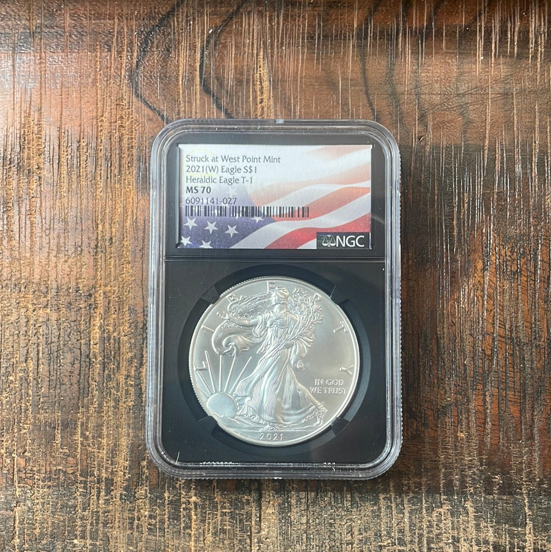 2021-W $1 US American Silver Eagle, Struck at West Point Mint, Heraldic Eagle T-1, NGC MS70
