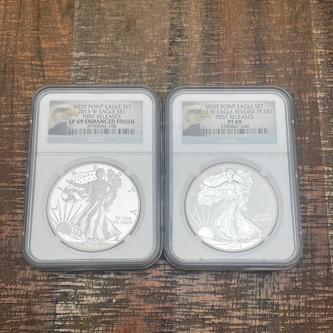2013 W $1 Silver Eagle ~First Releases~ NGC SP69 Enhanced Finish & Reverse Proof 2 Coin Set
