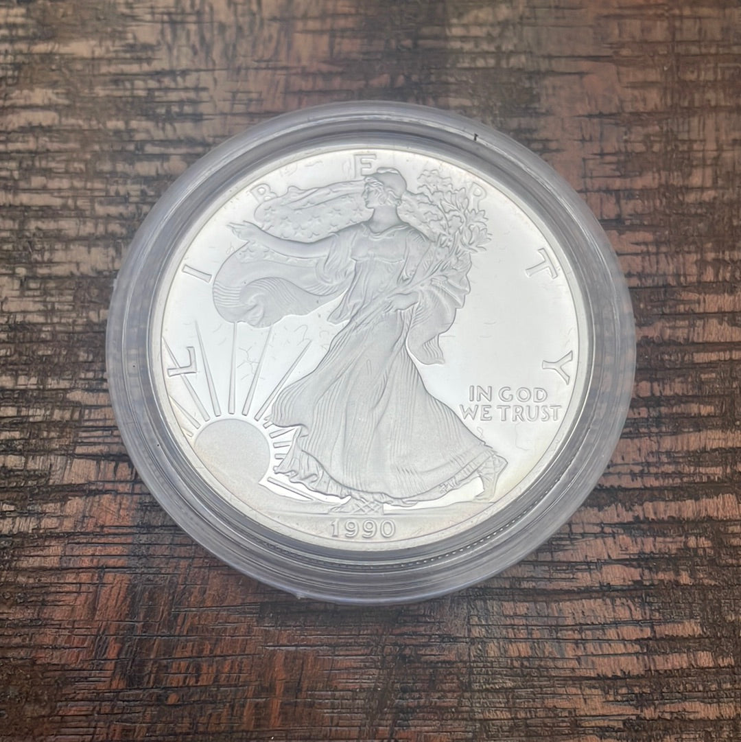 1990-S $1 US American Proof Silver Eagle Coin~Capsule, Presentation Case, COA, and Box