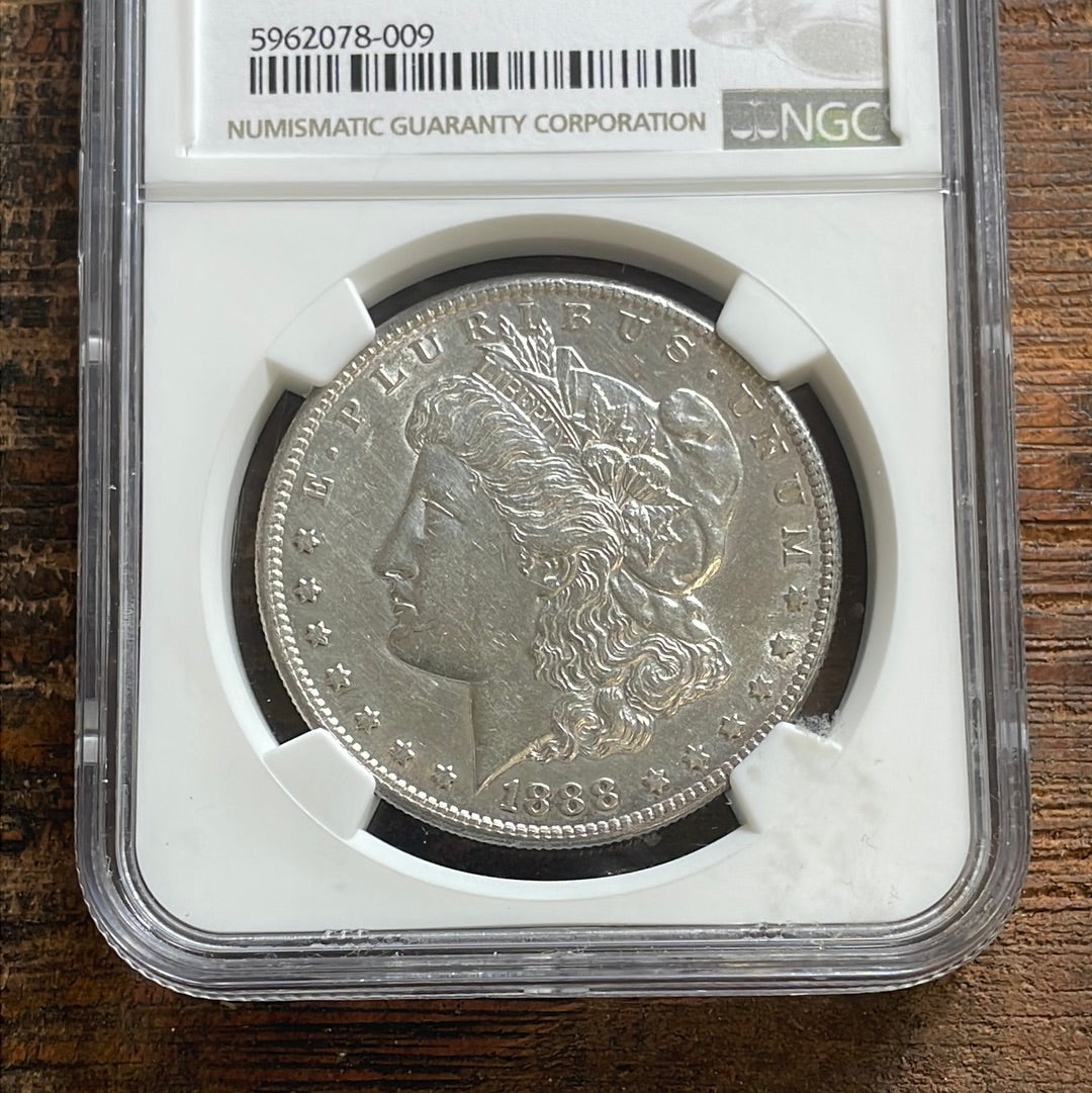1888-S $1 US Morgan Silver Dollar. NGC AU Details, cleaned.